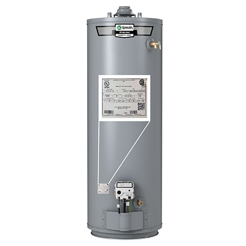 Gas water heater with callout for rating plate that has a QR code. Gas water heater with callout for rating plate that has a QR code.