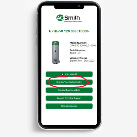 screenshot of QR code site with "register your water heater" circled in red. screenshot of QR code site with "register your water heater" circled in red.