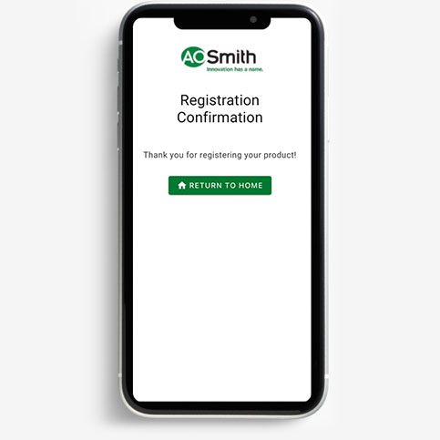 screenshot of the confirmation page after a user submits the "register your water heater" form on the QR code site. screenshot of the confirmation page after a user submits the "register your water heater" form on the QR code site.