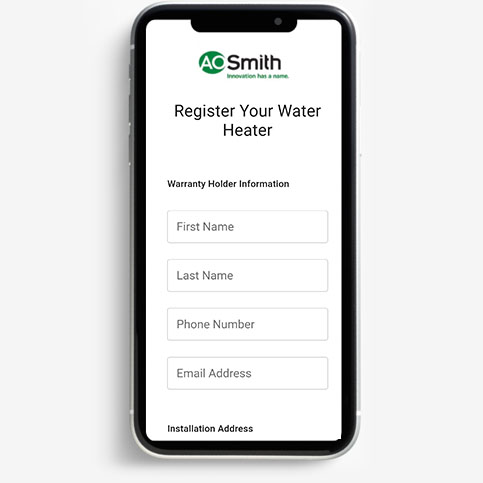 screenshot of "register your water heater" form on the QR code site. screenshot of "register your water heater" form on the QR code site.